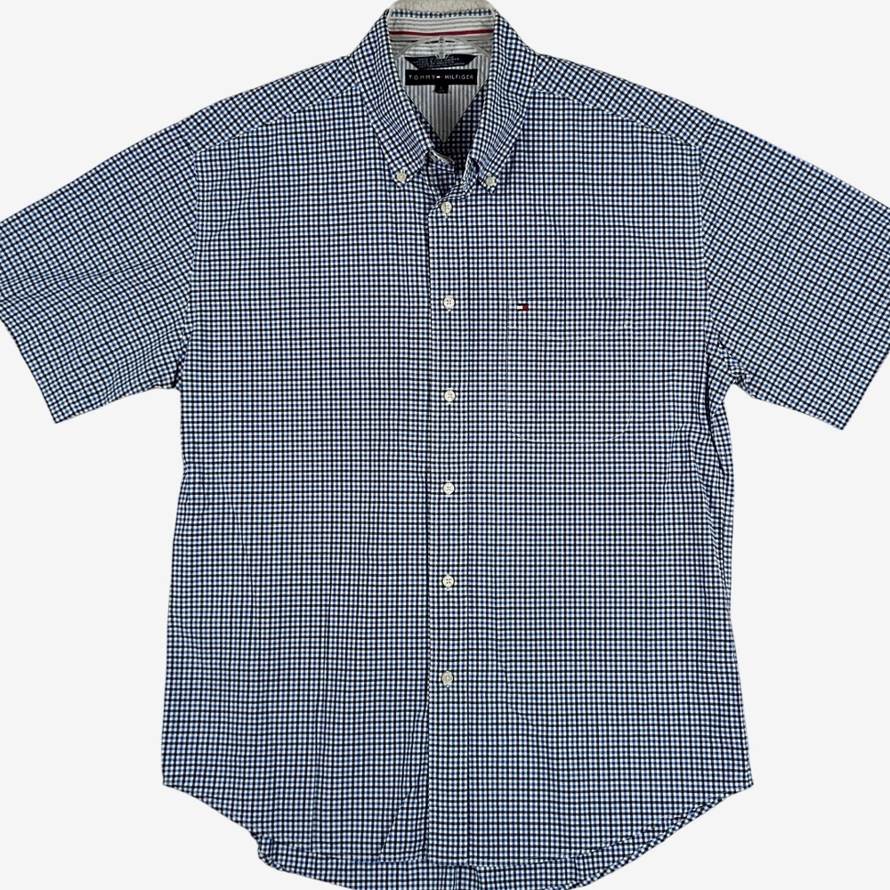 Vintage Tommy Hilfiger Gingham Button Down Shirt Mens L Blue Short Sleeve Preppy